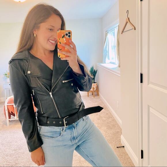 MUUBAA Black Sheep Leather Crop Moto Belted Jacket 4 - Picture 1 of 12